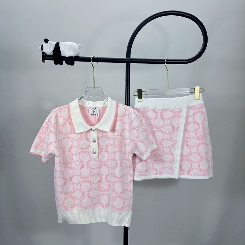 Casa Set: Knitted All-Over Print Polo Collar Short-Sleeve Top + Short Skirt Casual Two-Piece Women's Outfit, Cross-Border European and American Style