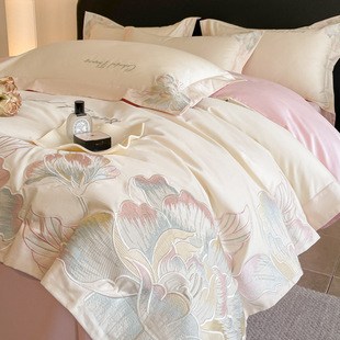 High-End Accessible Luxury 160-Count Cotton Four-Piece Set Pure Cotton Floral Embroider Quilt Cover Skin-Friendly Naked Sleeping Sheet Bedding 4