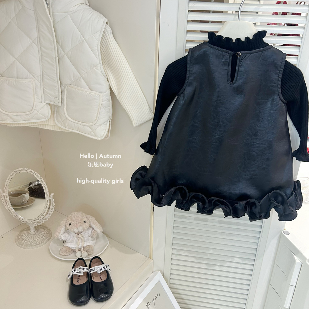[Ropa de Niños de Leen] Año Nuevo de invierno de niñas chaleco de lana negro vestido de moda vestido de cuero