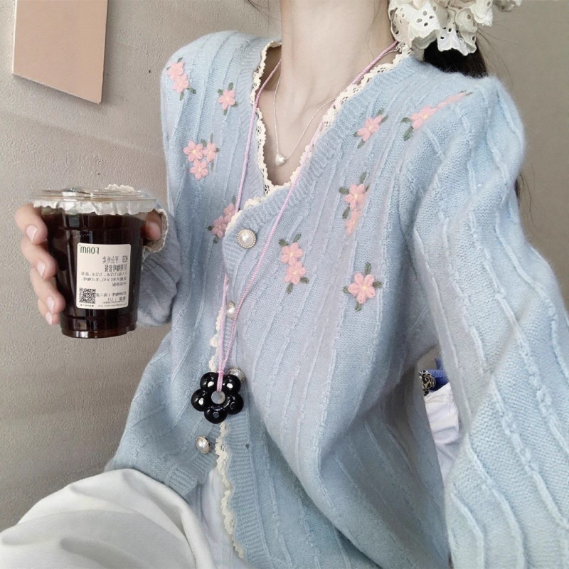 刺绣花朵拼接蕾丝边毛衣外套女春秋女装韩系减龄软糯针织开衫上衣|undefined