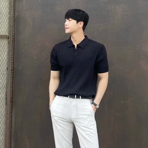 Light Mature Men's Korean-Style Slim-Fit Polo T-Shirt with Notch Collar, Solid Color, Casual Knitted Design