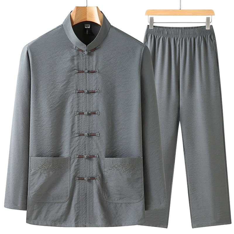 Осенняя длинная рубашка для пожилых, тонкое trench-coat, комплект, для среднего возраста, хлопок и лен, китайский стиль