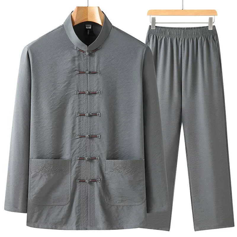 Осенняя длинная рубашка для пожилых, тонкое trench-coat, комплект, для среднего возраста, хлопок и лен, китайский стиль