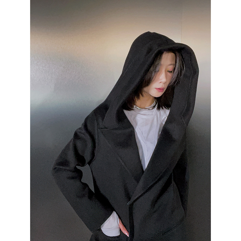 Designer Women's Cashmere Wool Hooded Suit Collar Handsome Double-Face Nei Coat