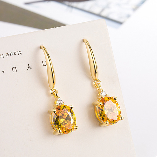 wish cross-border European and American citrine long earrings for women 18K gold oval earrings with diamonds and champagne gold jewelry