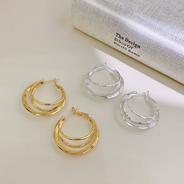 Copper Gold-Plated Korean-Style Multi-Layered Hoop Earrings for Women, New Trendy Light Luxury High-End Elegant Earrings