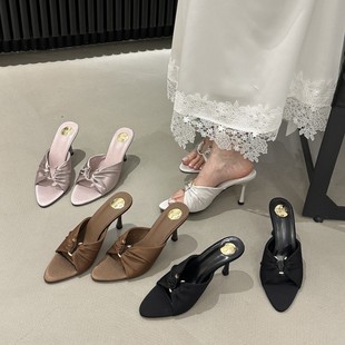 French-Style Elegance! Elegant Satin Pointed-Toe Hollow-Out Ankle Strap Stiletto Sandals for Women, Summer 2025 High-Heeled Sandals