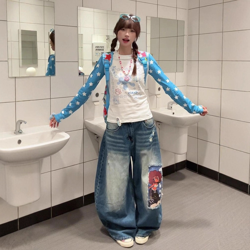 [210g 95 Cotton 40S Odell] Star Printed Long-Sleeved T-Shirt Women's Early Autumn New Slim Top