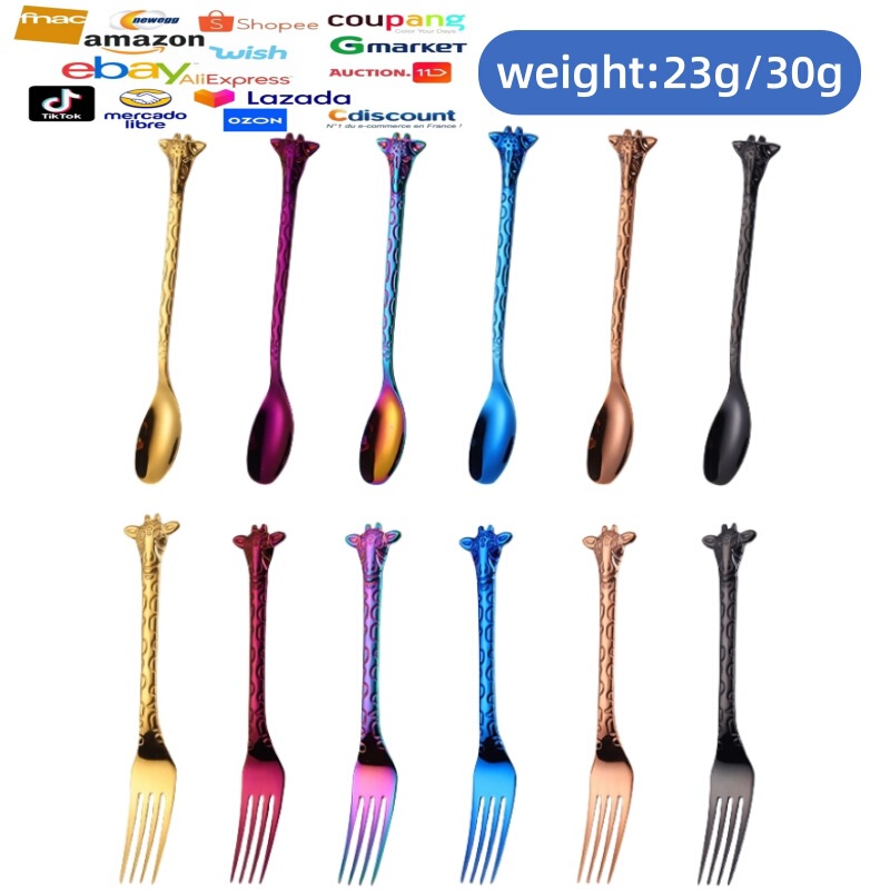 Cross-border Hot Selling Giraffe Spoon 304 Stainless Steel Giraffe Handle Spoon Fork Creative Coffee Spoon Fruit Fork