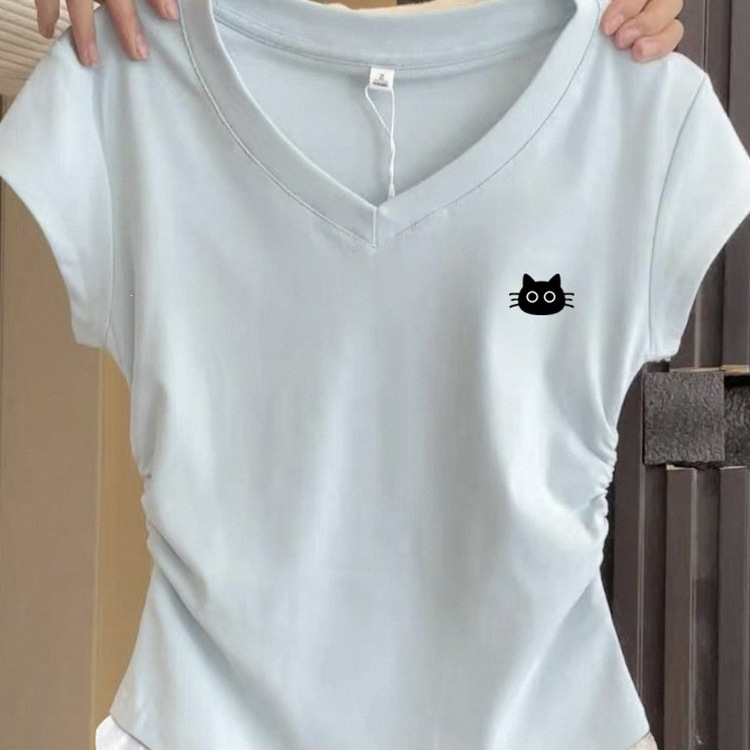 2026 Summer New Popular Korean-Style Sweet Lace Slim-Fit V-Neck Waist-Cinching Top Slimming Short-Sleeve T-Shirt for Women