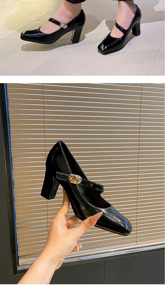 Giày cao gót nữ mũi vuông quai ngang khóa cài gót dày 6–8 cm — Màu trắng nhạt, rượu vang đỏ, đen chi tiết 14