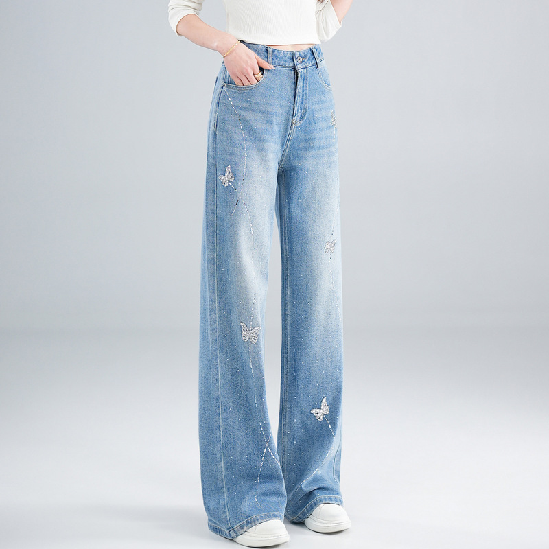 Summer Heavy-Duty Butterfly Rhinestone Sparkling Straight-Leg Jeans for Women, New High-Waisted Narrow Version, Starry Casual Wide-Leg Pants