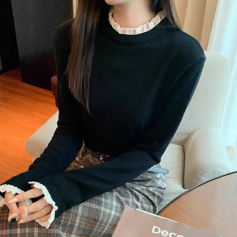 Stand-up collar lace base shirt, autumn and winter German velvet lace top, loose and versatile, white plus-size slim-fit T-shirt, foreign trade Stand-up collar lace base shirt, autumn and winter German velvet lace top, loose and versatile, white plus-size slim-fit T-shirt, foreign trade