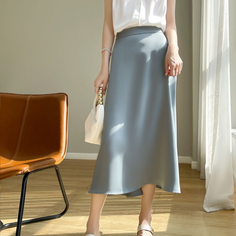Acetate Satin Silk Skirt for Women 24 New Style High-Waisted A-Line Mid-Length Summer Fashion Solid Color Versatile Long Skirt