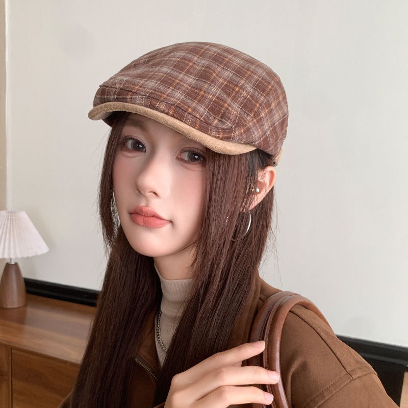 复古格子前进帽日系百搭贝雷帽秋冬保暖显脸小文艺报童画家鸭舌帽|undefined