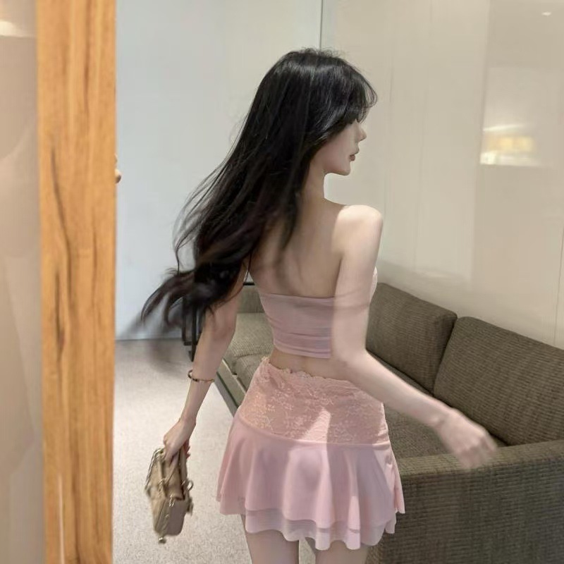French-Style Lace Bustier Top and Mini Skirt Set, Semi-Transparent Fishbone Design, Roleplay Costume — detail image 3
