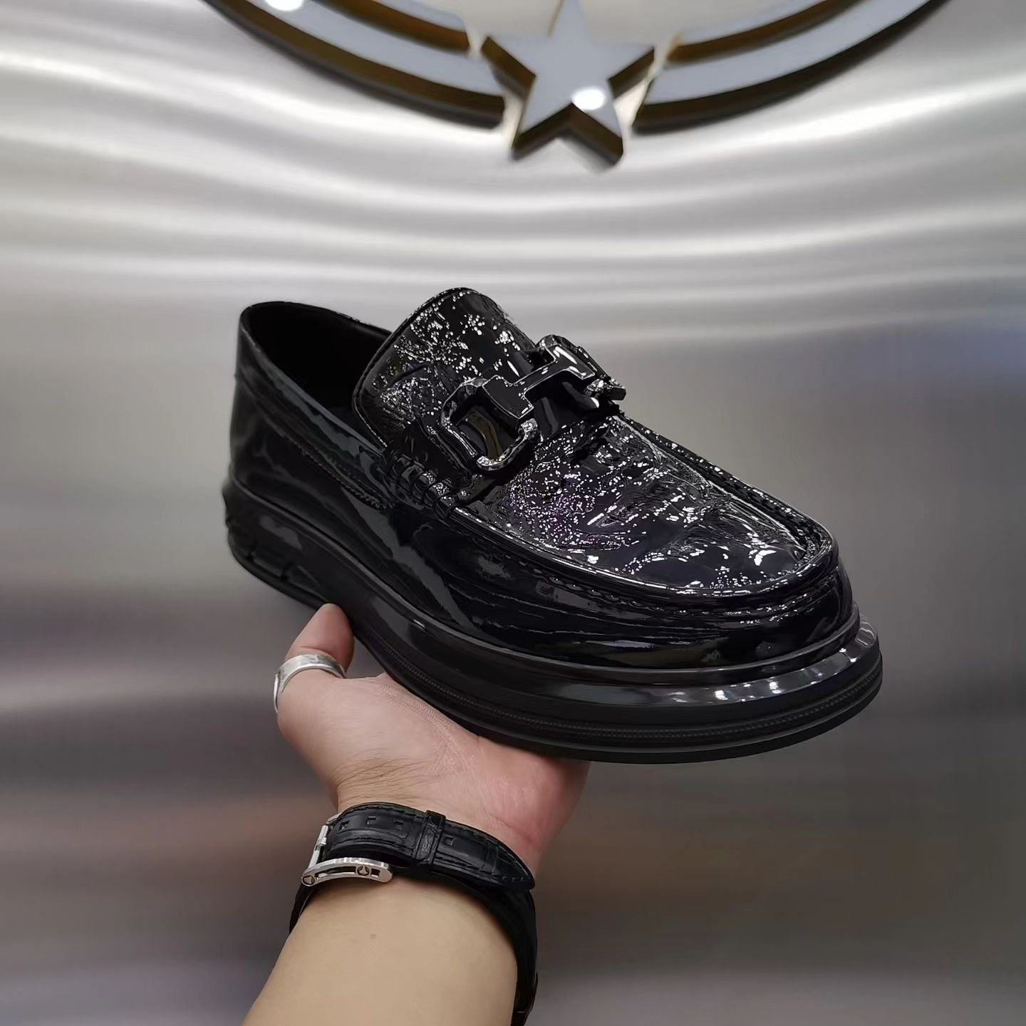 秋冬季真皮保暖加绒一脚蹬软底亮皮低帮豆豆鞋男士休闲套脚乐福鞋