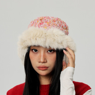 Hat Winter Thickened Warm Rabbit Plush Knitted Hat Women's Cold-proof Wool Fisherman Hat for Show Face Small Pullover Cap Basin Hat