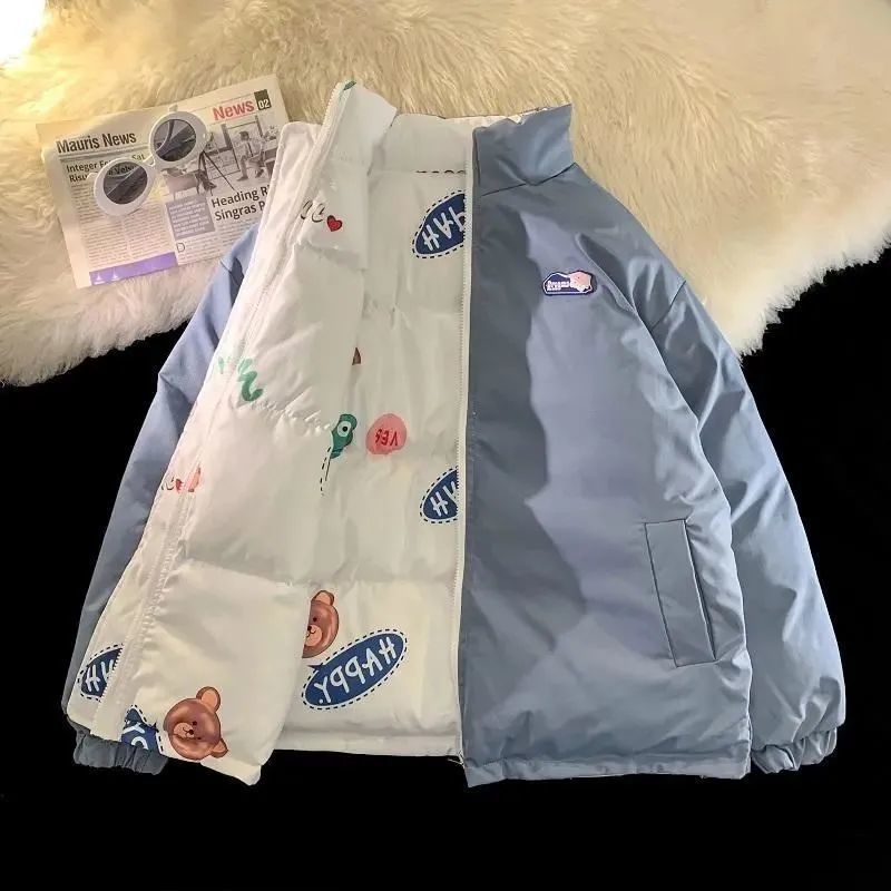 Abrigo de doble cara de invierno de los hombres de Hong Kong estilo de moda de la marca de gran tamaño de la capa de algodón-acolchado abrigo cálido engrosada pareja collar de pie abrigo de algodón acolchado