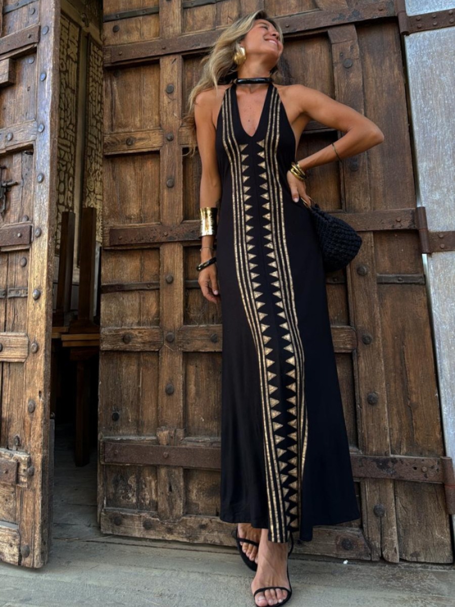 Network Red Summer Positioning Printed V neck Backless Halter Lace up Sexy Dress