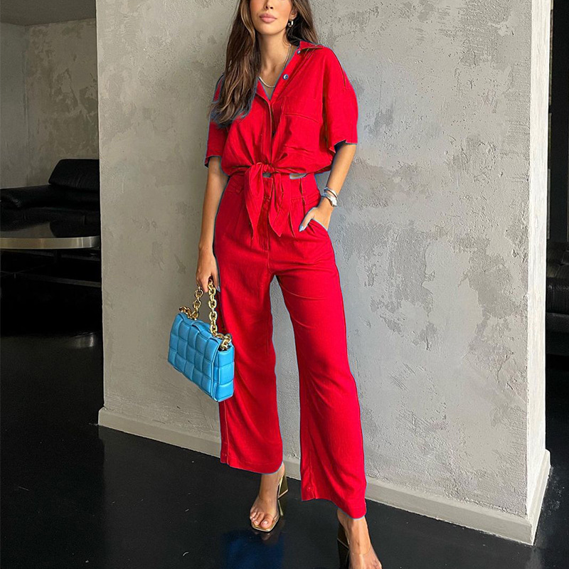 short-sleeved loose high waist lapel solid color cotton linen top and pants two-piece suit NSONF136854