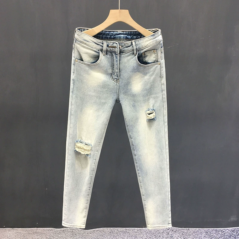 Design брюки, весна лето эластичные джинсы, тренд сезона, американский стиль, slim fit