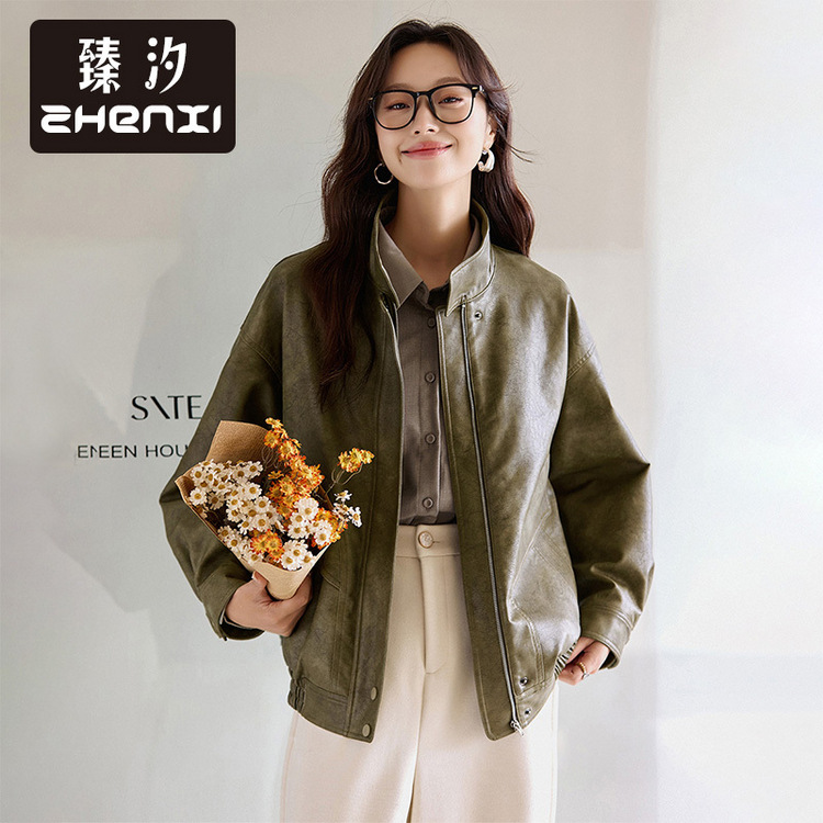 Zhenxi's New Fashionable Stand-Up Collar Pu Leather Jacket Women's Loose Casual Warm Windproof Zipper Leather Jacket Cr253