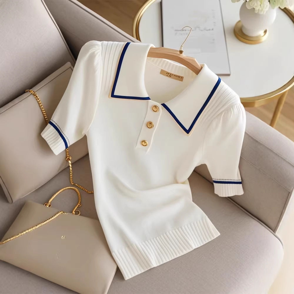 Áo thun nữ cổ polo tay lỡ phối màu chất liệu cotton lạnh — trắng chi tiết 4