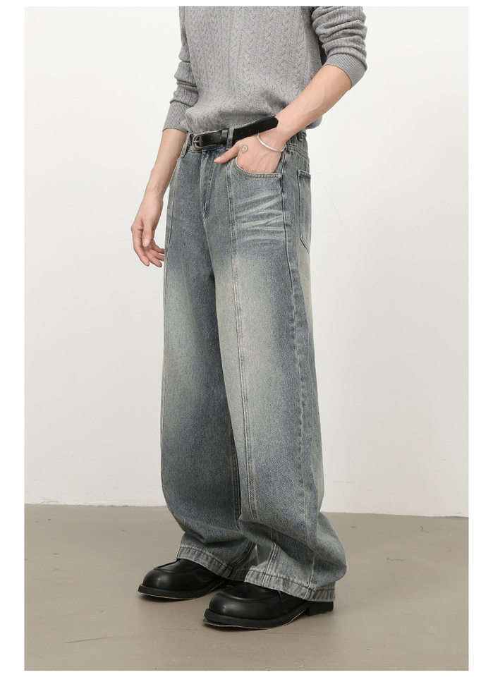 Quần jean nam ống rộng lưng giữa, dáng suông thẳng, denim mềm phong cách retro — màu xanh chi tiết 12