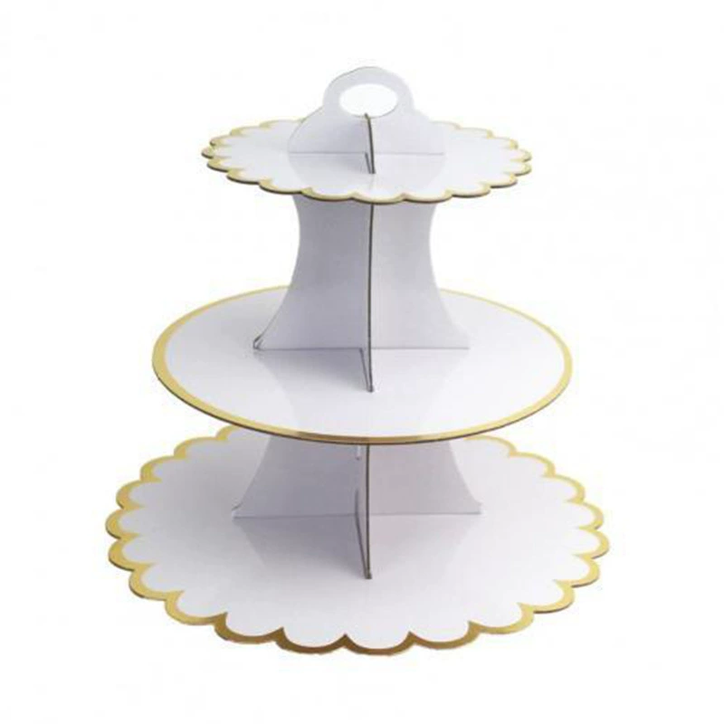 Disposable Three-Tier Paper Cake Stand, Gray Cardboard with Gold Edge, 35×30 cm