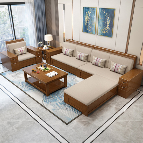 New Chinese-style solid wood sofa, home living room, large and small, winter and summer dual-use, hotel and B&B, high box storage sofa