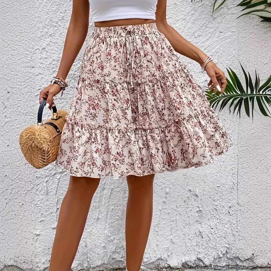 2025 Spring/Summer European and American Cross-Border New Style Small Floral Print Fashion Women's Clothing Wide-Leg Shorts with Flowy Flow and Versatile Casual Skirt Pants