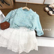 韩国蝴蝶结圆领开衫毛衣女童秋冬新款甜美软糯宽松羊毛针织衫外贸