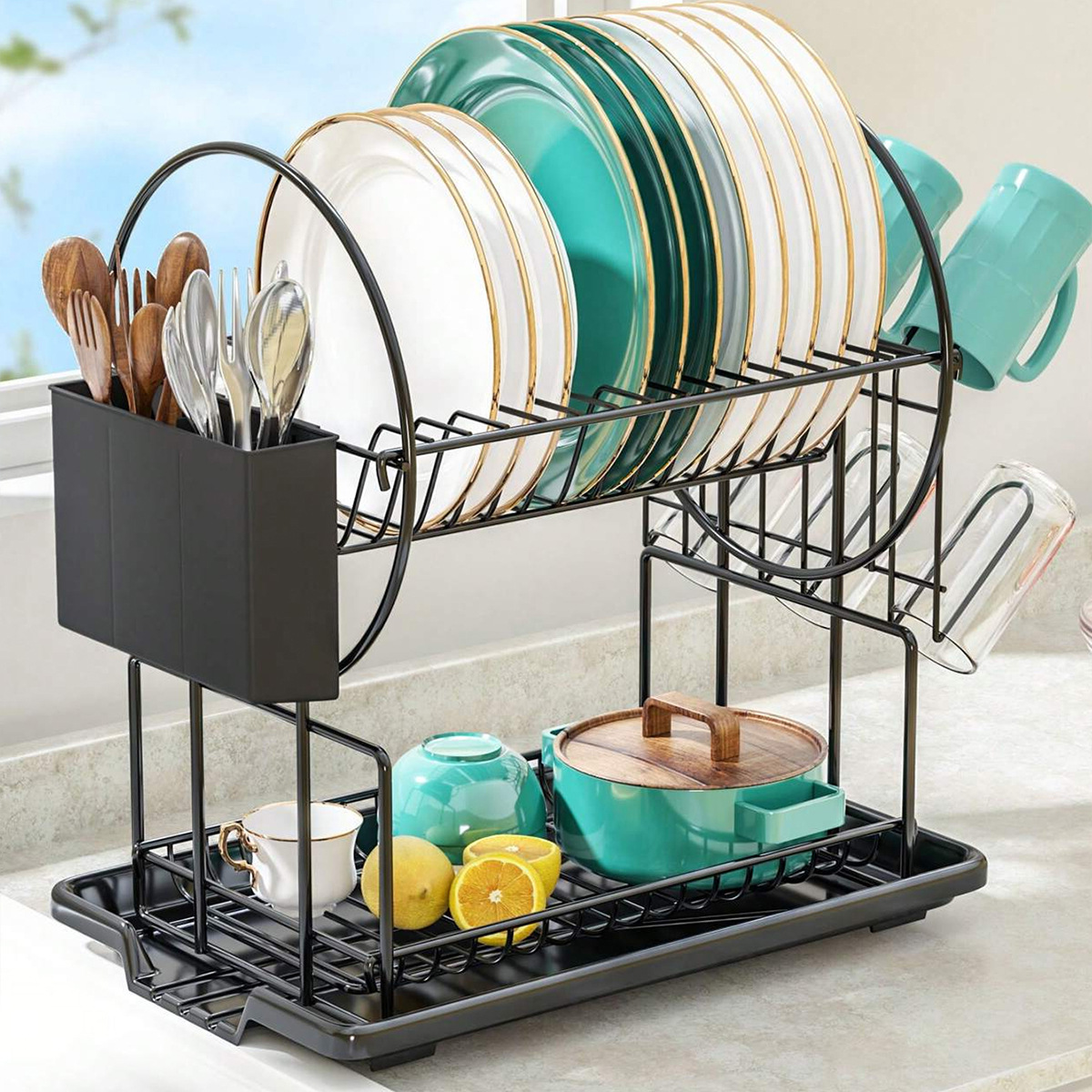 Transfronterizo negro de doble capa de platos con bandeja de agua abierta, estante de platos desmontable con palillos, jaula de tazas colgantes