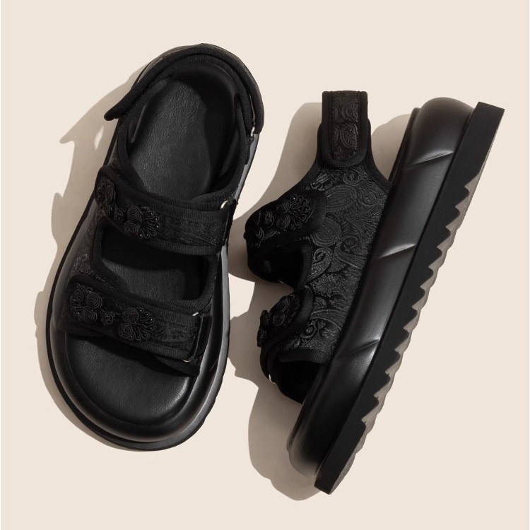 Ruoji Beach Women's 2024 Summer New Flat Bottom Chinese Embroidered Velcro Fashion Versatile Sports Sandals_voghion.com
