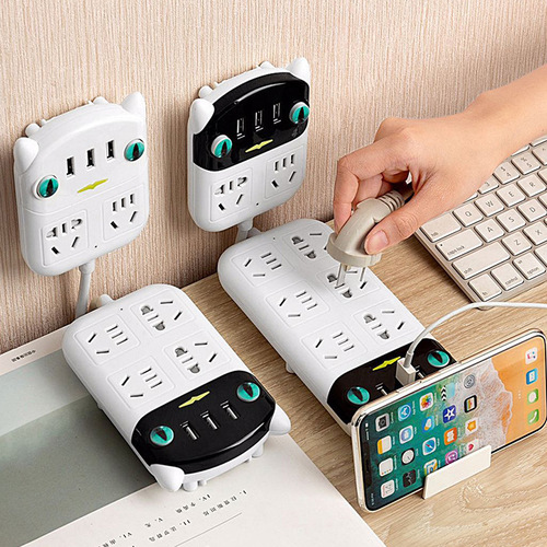 Rechargeable wood grain plug USB long cord home office multi-port outlet adapter power strip plug strip connector
