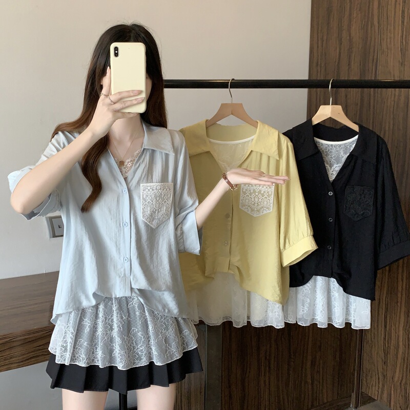 Real Shot of Plus-Size 2026 Summer Patchwork Faux Two-Piece Lace Short-Sleeve Shirt Versatile Slimming Top 81111