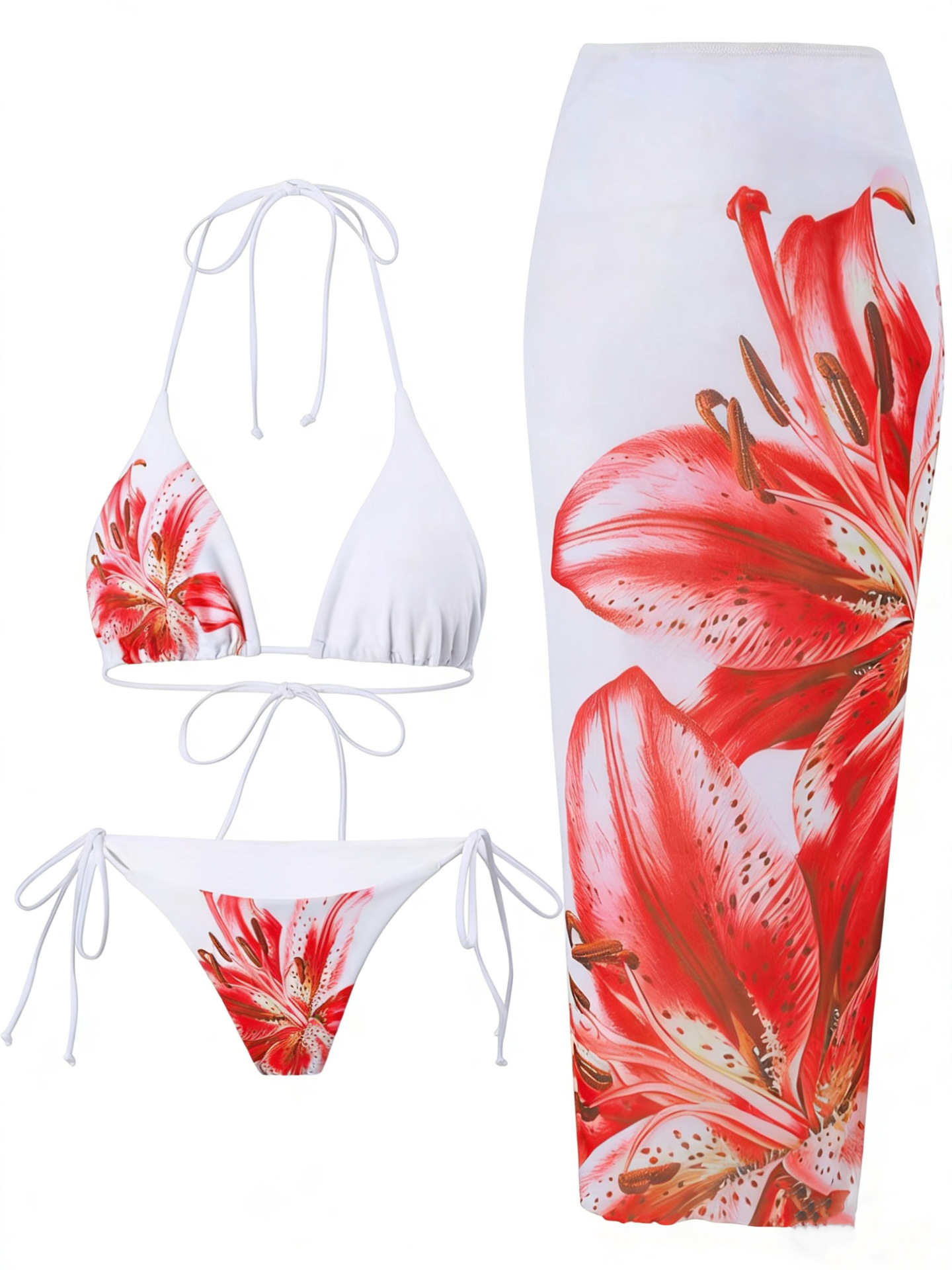 Women's Lily Print Three Piece Bikini Set With Wrap Skirt_voghion.com