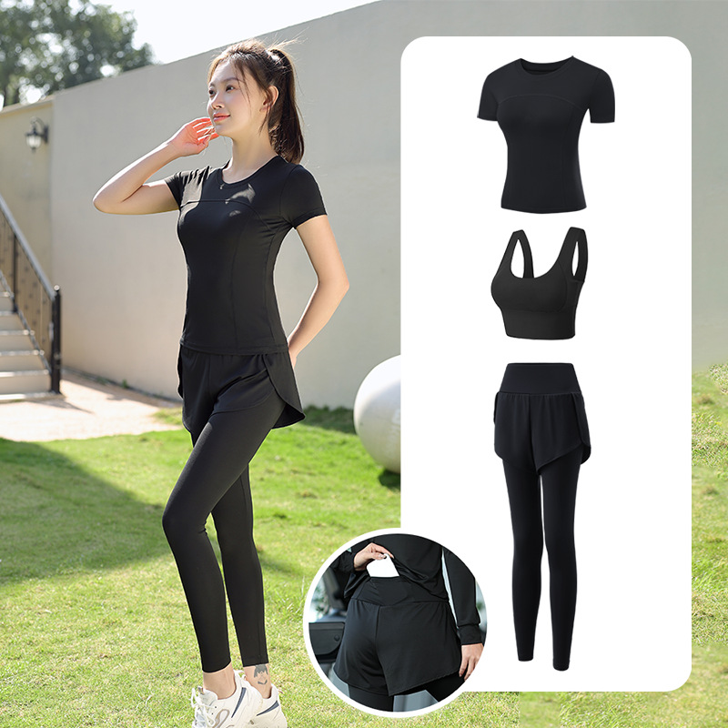 Trajes de yoga para mujeres de verano para correr ropa deportiva suelta rápida ropa seca bolsillo para correr trajes de mujeres de la mañana para correr comercio exterior