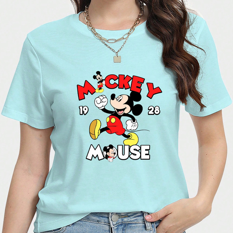 Sweet and Cute Style Top Round Neck European and American Fashion Versatile Mickey Mouse Print Cross-Border T-Shirt Print for Women