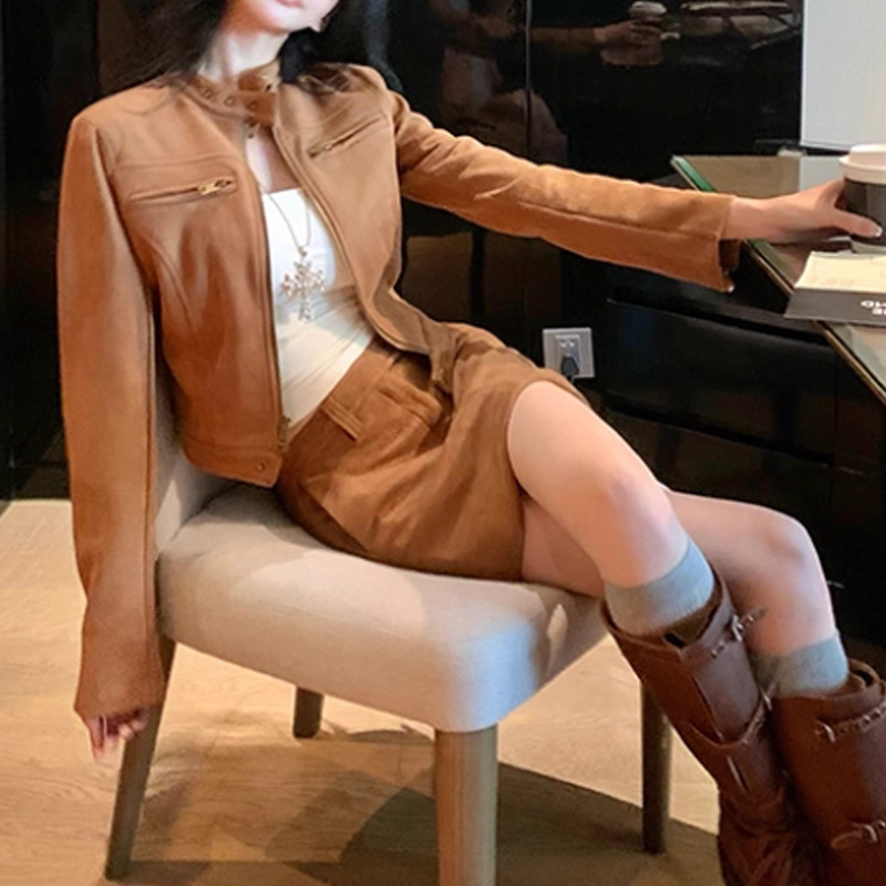 miu系大小姐棕色麂皮绒机车夹克复古美拉德风立领外套半裙套装 潮|undefined