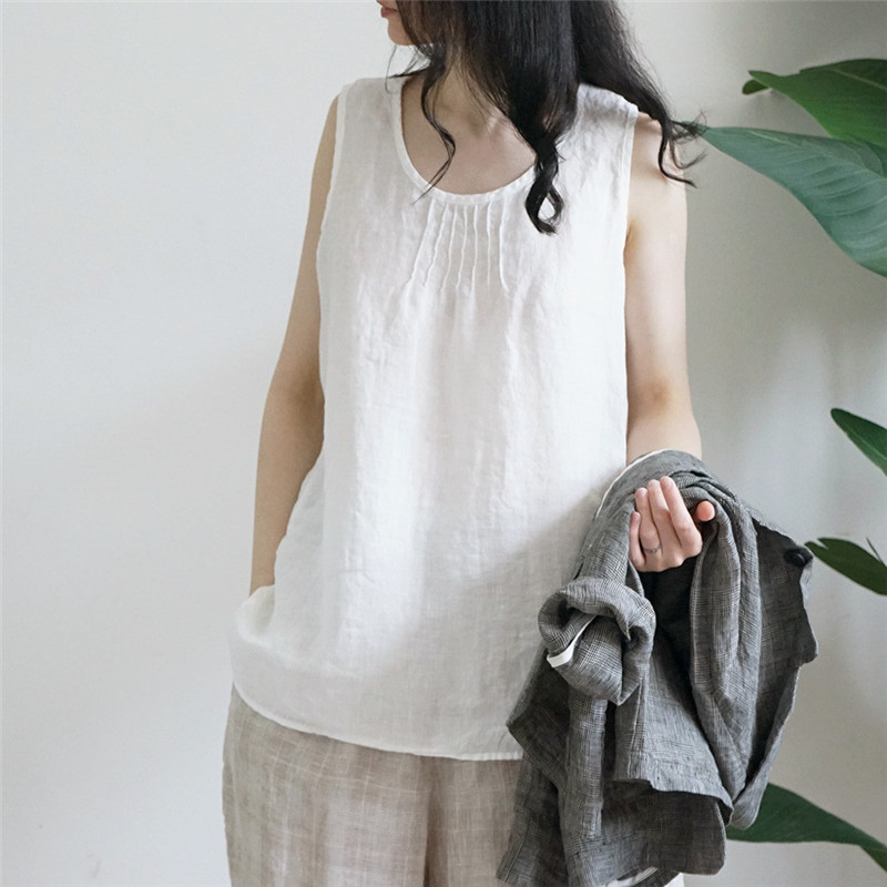 圆领百搭纯色清凉背心上衣 2023夏小清新文艺休闲棉麻家居娃娃衫