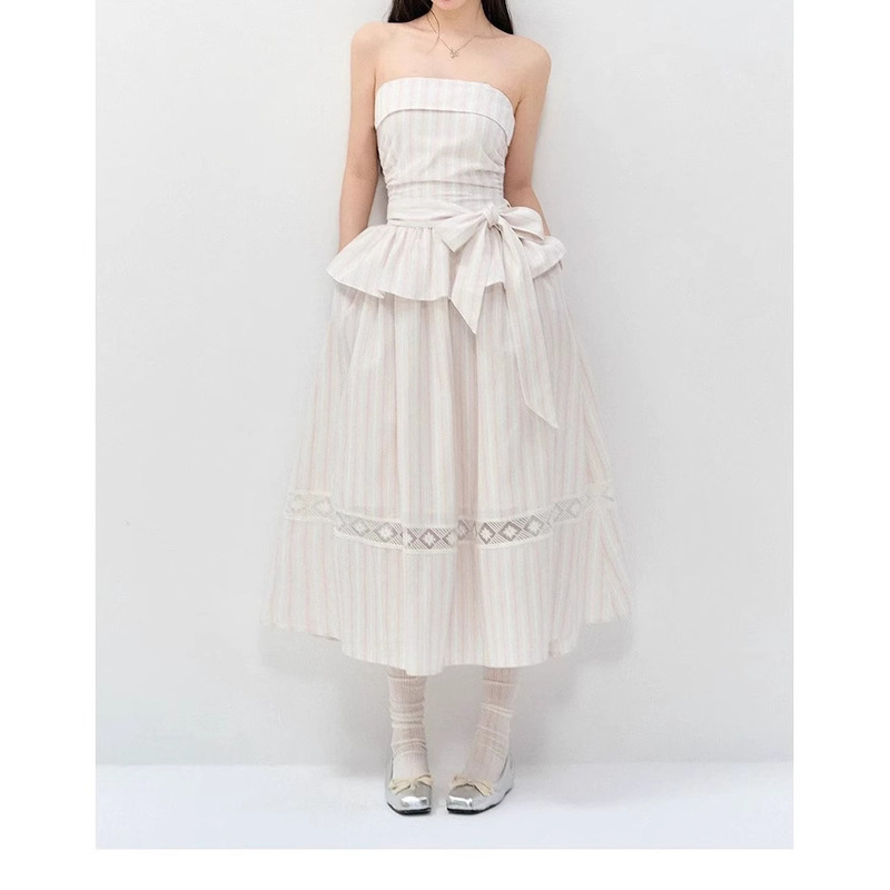 Annatto Tulle Sakura Summer Pink Striped Strapless Slim Fit Tie Dress Long Dress for Women