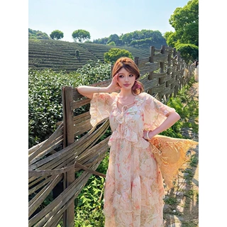 夏季领海边穿搭雪纺碎花短袖印花绝美连衣裙长裙女薄纱扎染