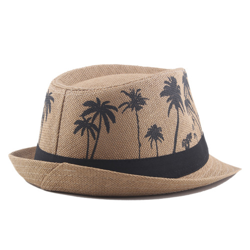 Men's Jazz Hat Palm Print Coconut Tree Pattern Roller Brim Straw Hat Summer Vacation Couple Beach Hat Sun Hat