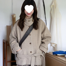 奶兔星球-自制 立领下摆绑带毛呢外套女2025新款小个子大衣