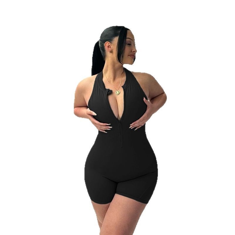 YL25070 Pantalones cortos de una pieza de secado rápido europeos y americanos para mujer, pantalones de yoga con cremallera ajustada hueca chica caliente