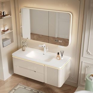 奶油橡木圓角浴室櫃組合陶瓷一體洗手衛生間洗手盆洗臉盆鏡櫃洗漱