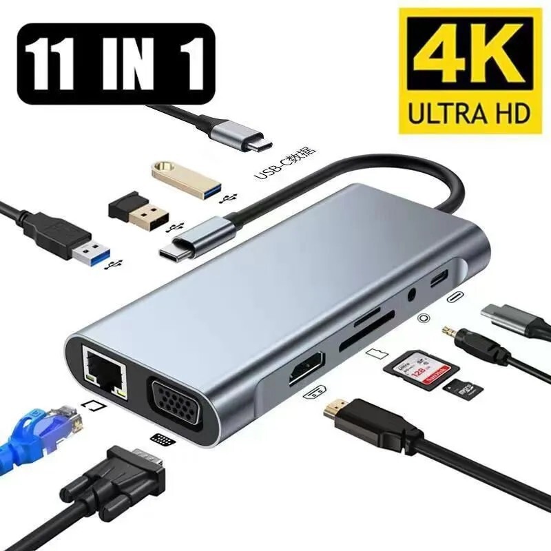 11-in-1 Docking Station Type-C to HDMI Laptop Multi-Adapter Hub with Multiple Interfaces Expansion