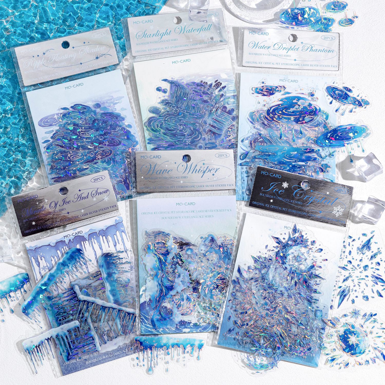 Mo Ink PET Ice Crystal Shell Light Stickers Series Water Language Boundless Rain Hand Tent Decoration Material Stickers Pack